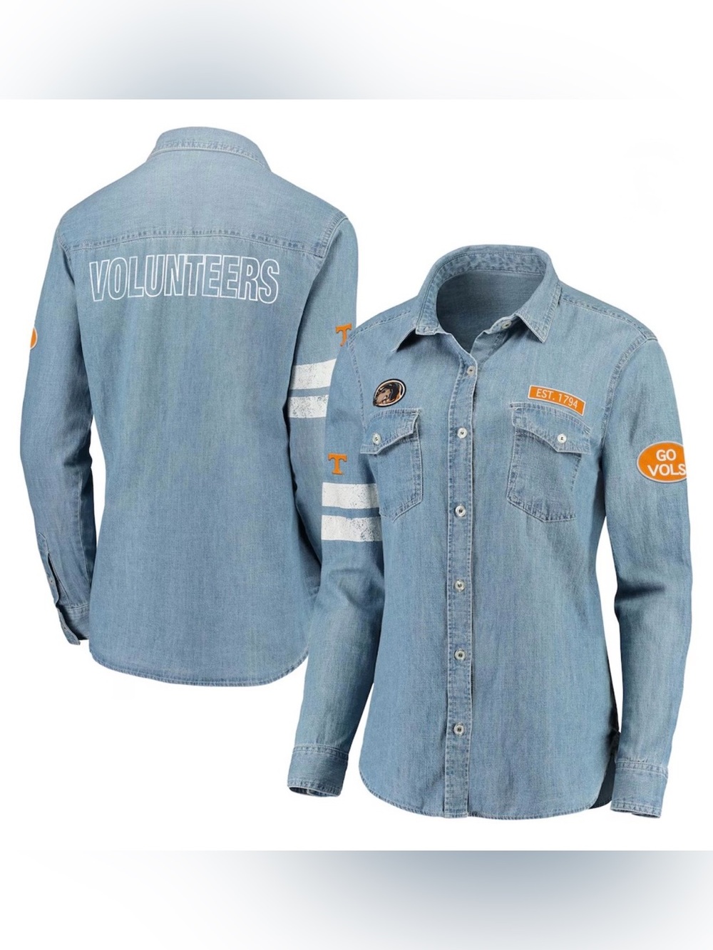 Wear by Erin Andrews Denim Tennessee Volunteers Patches Long Sleeve Shirt